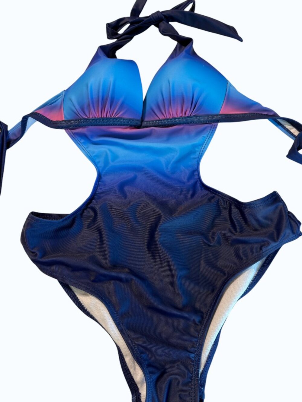 Blue Ombre Cutout One-Piece Swimsuit-Halter Tie, Size Small
